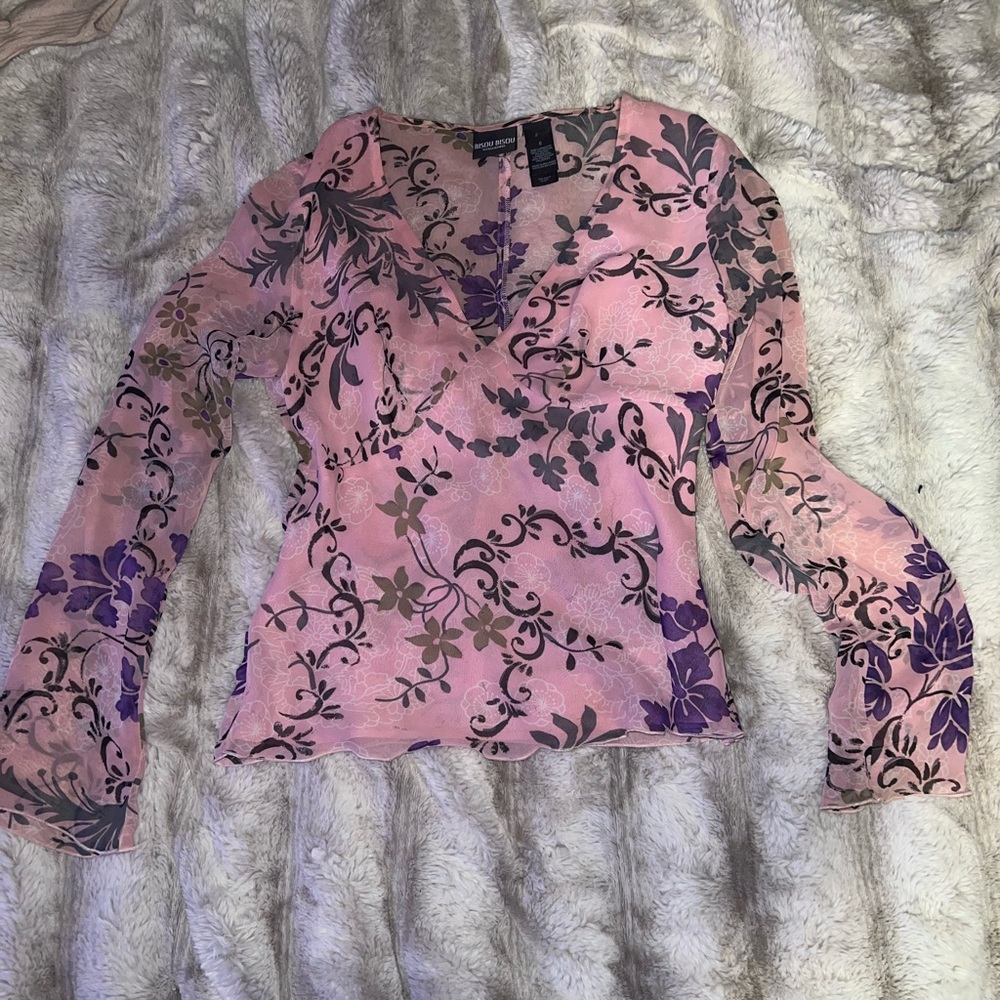 Bisou Bisou Pink and Purple Floral Blouse